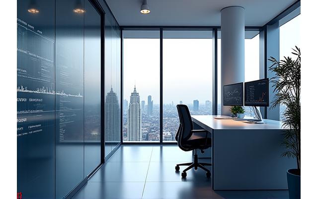 Ufficio moderno a Milano con riferimenti a finanza e tecnologia