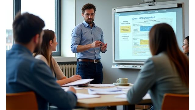 Un docente che spiega concetti economici a studenti in aula.