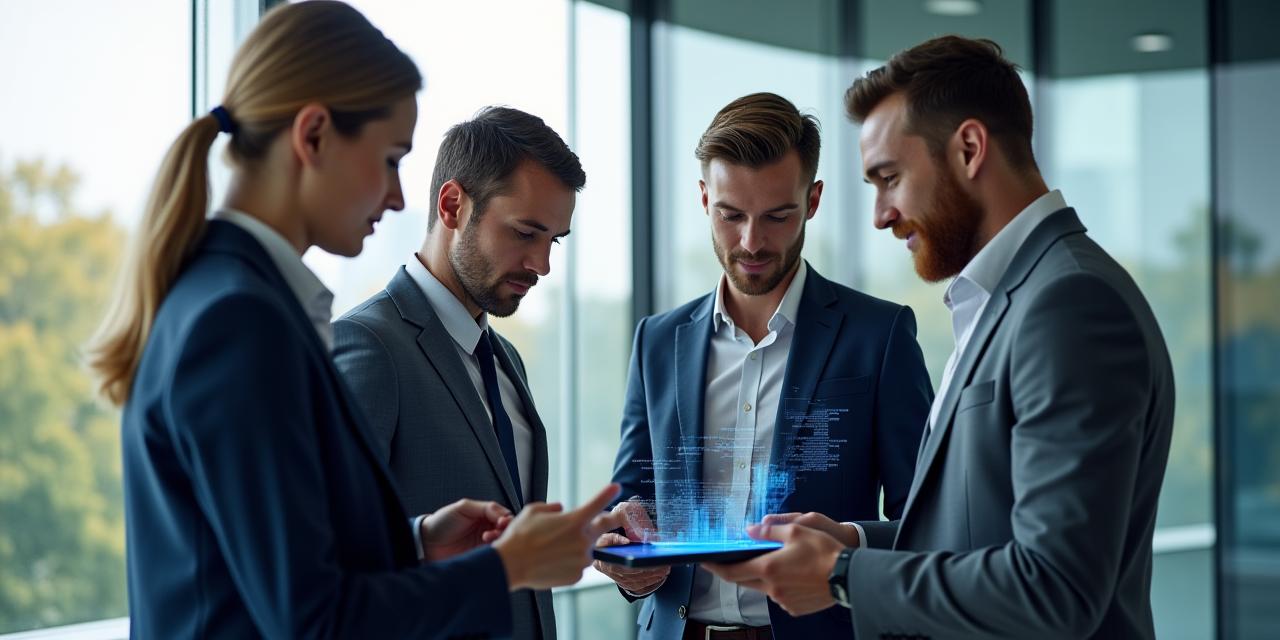 Team di consulenti finanziari che lavorano su un tablet in un ambiente moderno.